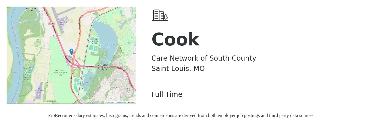 Care Network of South County job posting for a Cook in Saint Louis, MO with a salary of $13 to $18 Hourly with a map of Saint Louis location.