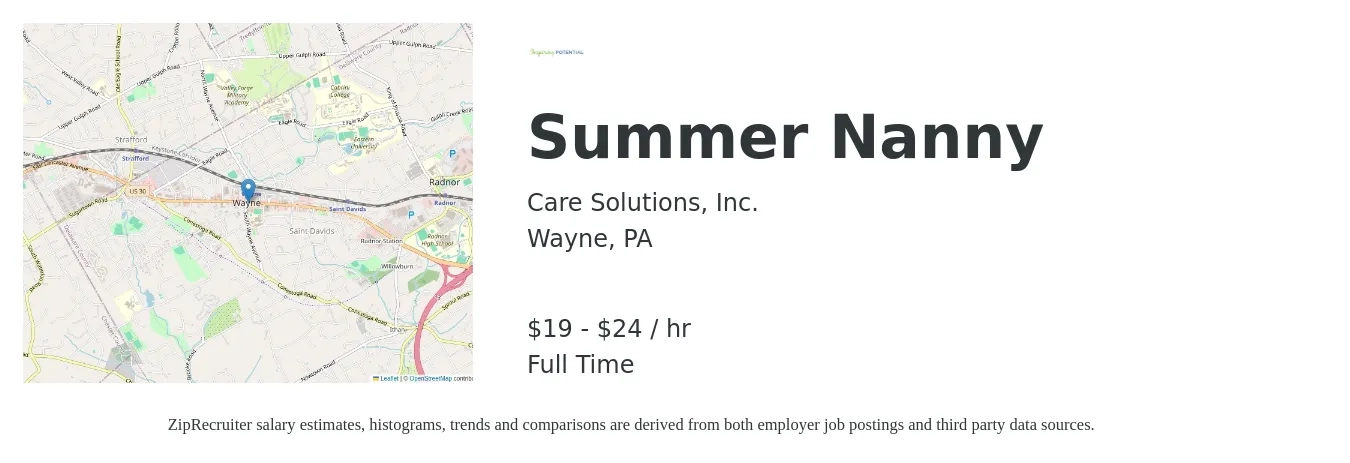 Care Solutions, Inc. job posting for a Summer Nanny in Wayne, PA with a salary of $20 to $25 Hourly with a map of Wayne location.