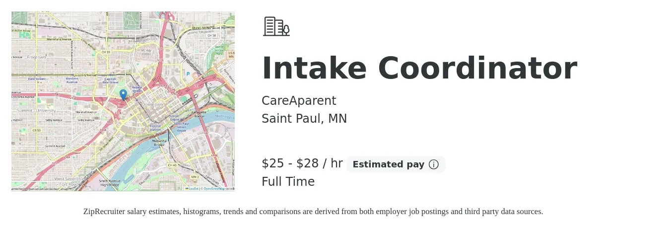 CareAparent job posting for a Intake Coordinator in Saint Paul, MN with a salary of $26 to $30 Hourly with a map of Saint Paul location.