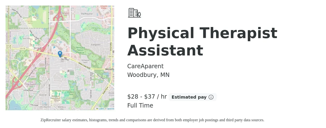 CareAparent job posting for a Physical Therapist Assistant in Woodbury, MN with a salary of $30 to $39 Hourly with a map of Woodbury location.