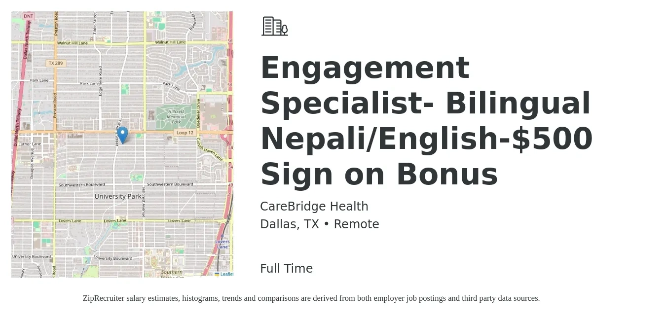 CareBridge Health job posting for a Engagement Specialist- Bilingual Nepali/English-$500 Sign on Bonus in Dallas, TX with a salary of $37,100 to $42,500 Yearly with a map of Dallas location.