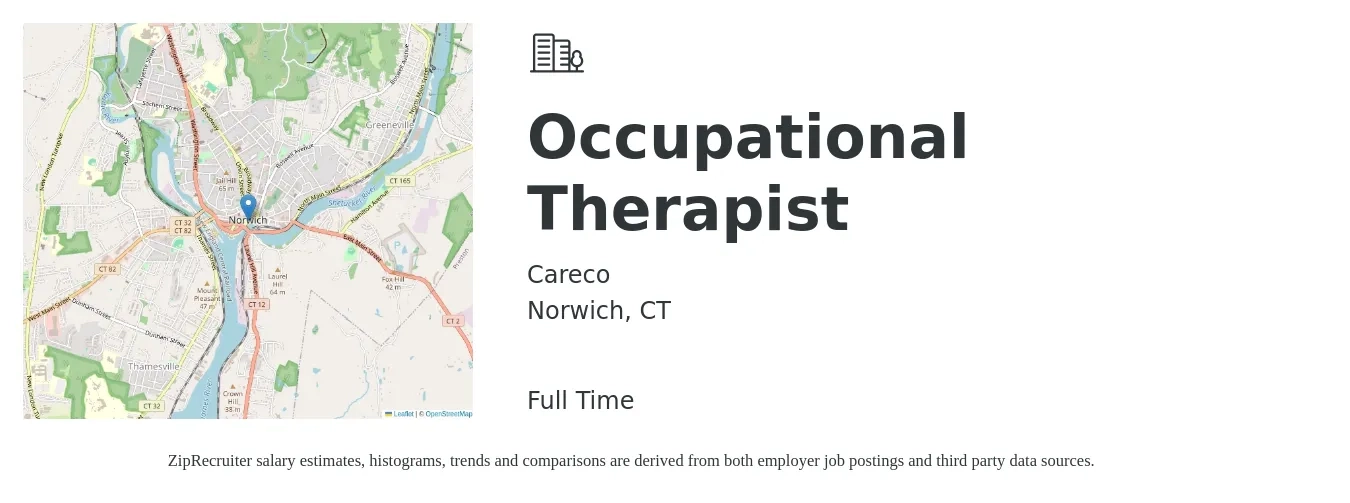 Careco job posting for a Occupational Therapist in Norwich, CT with a salary of $40 to $53 Hourly with a map of Norwich location.
