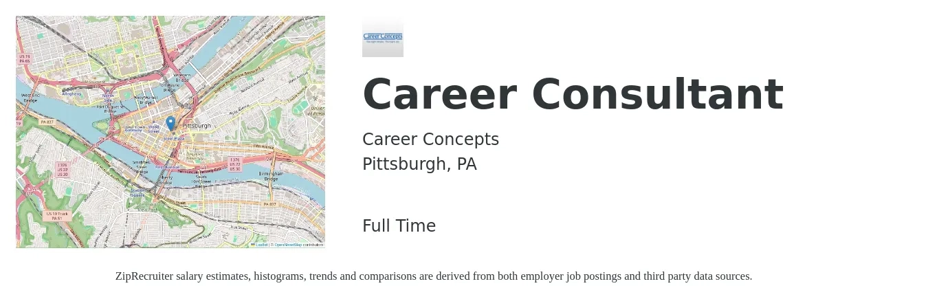 Career Concepts job posting for a Career Consultant in Pittsburgh, PA with a salary of $19 to $22 Hourly with a map of Pittsburgh location.