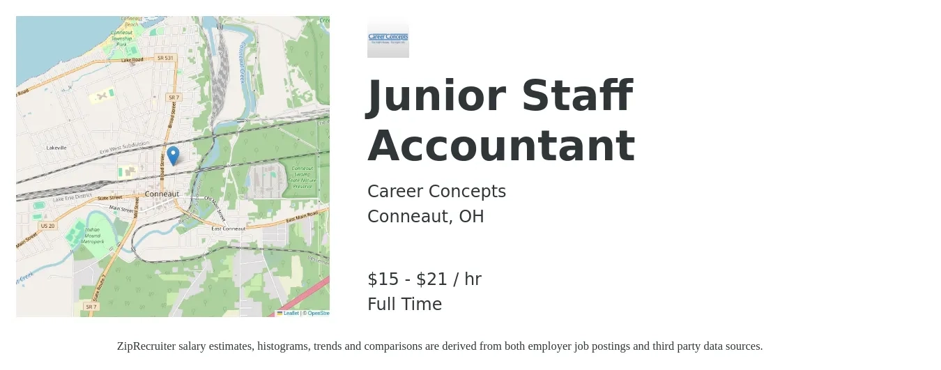 Career Concepts job posting for a Junior Staff Accountant in Conneaut, OH with a salary of $16 to $22 Hourly with a map of Conneaut location.