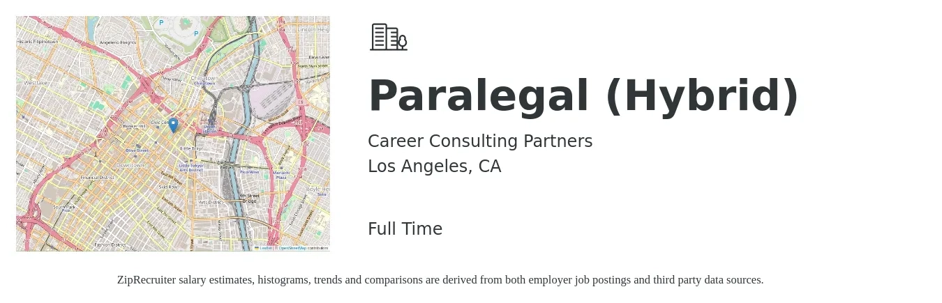 Career Consulting Partners job posting for a Paralegal (Hybrid) in Los Angeles, CA with a salary of $51,700 to $73,800 Yearly with a map of Los Angeles location.