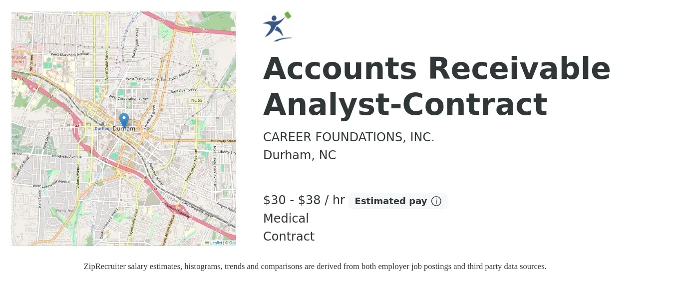 CAREER FOUNDATIONS, INC. job posting for a Accounts Receivable Analyst-Contract in Durham, NC with a salary of $32 to $40 Hourly and benefits including medical with a map of Durham location.