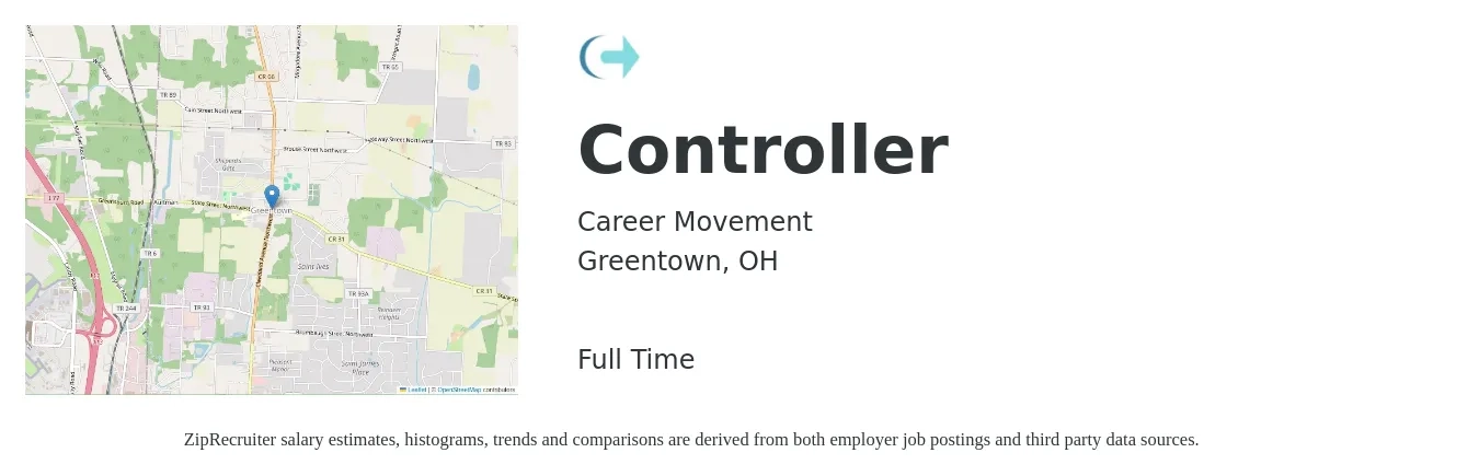 Career Movement job posting for a Controller in Greentown, OH with a salary of $101,200 to $144,700 Yearly with a map of Greentown location.