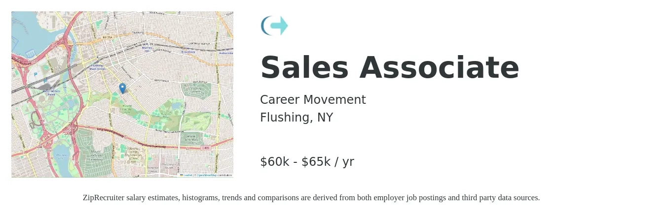 Career Movement job posting for a Sales Associate in Flushing, NY with a salary of $60,000 to $65,000 Yearly with a map of Flushing location.