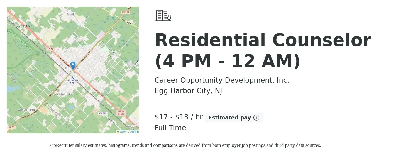 Career Opportunity Development, Inc. job posting for a Residential Counselor (4 PM - 12 AM) in Egg Harbor City, NJ with a salary of $18 to $19 Hourly with a map of Egg Harbor City location.
