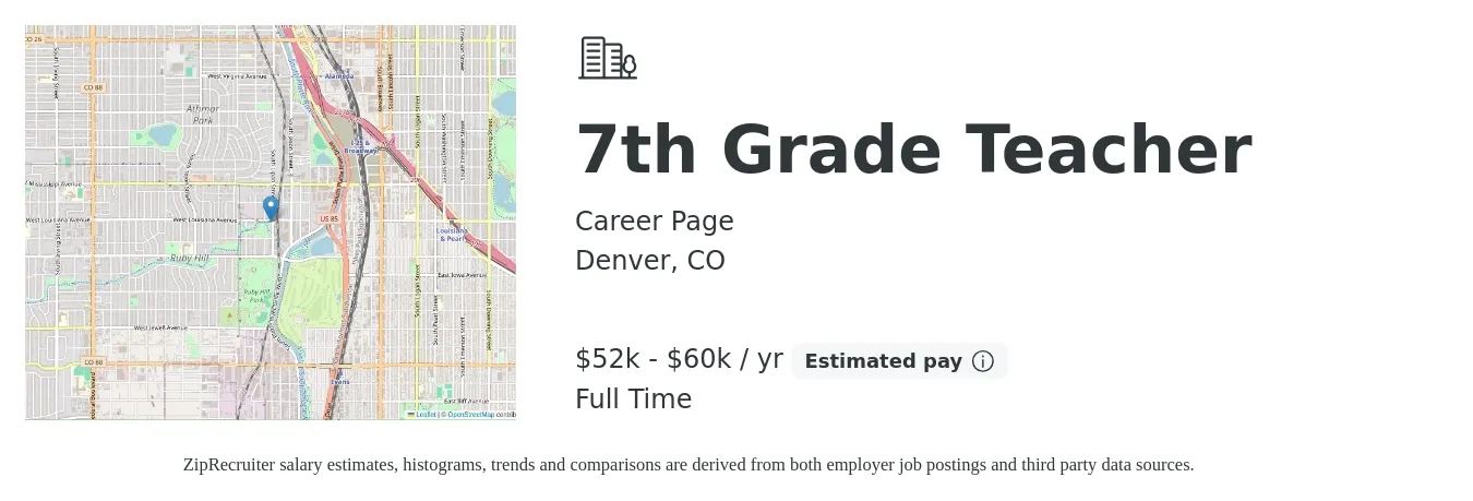 Career Page job posting for a 7th Grade Teacher in Denver, CO with a salary of $52,000 to $60,000 Yearly with a map of Denver location.