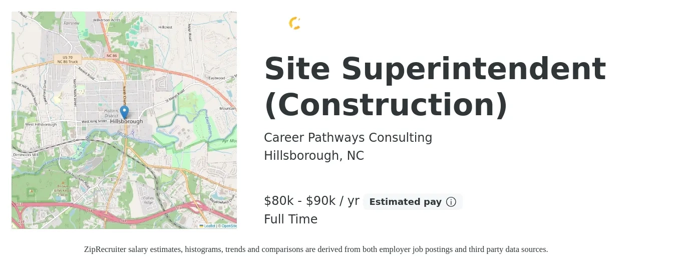Career Pathways Consulting job posting for a Site Superintendent (Construction) in Hillsborough, NC with a salary of $80,000 to $90,000 Yearly with a map of Hillsborough location.