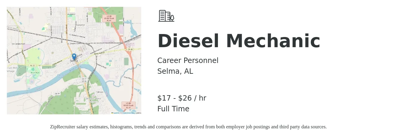 Career Personnel job posting for a Diesel Mechanic in Selma, AL with a salary of $18 to $28 Hourly with a map of Selma location.