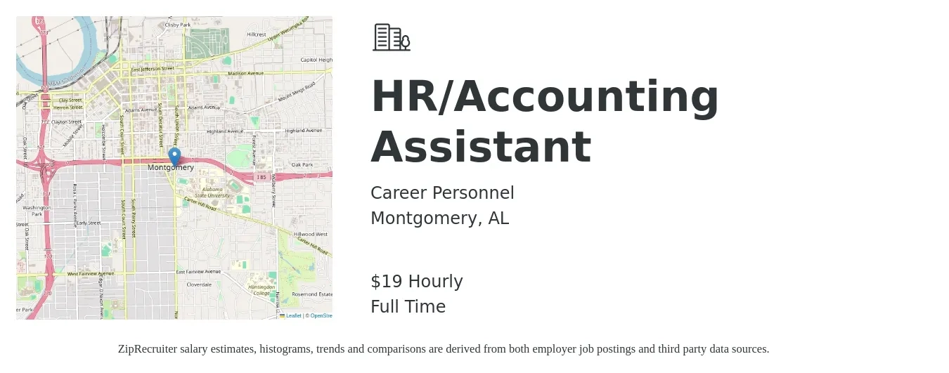 Career Personnel job posting for a HR/Accounting Assistant in Montgomery, AL with a salary of $20 Hourly with a map of Montgomery location.