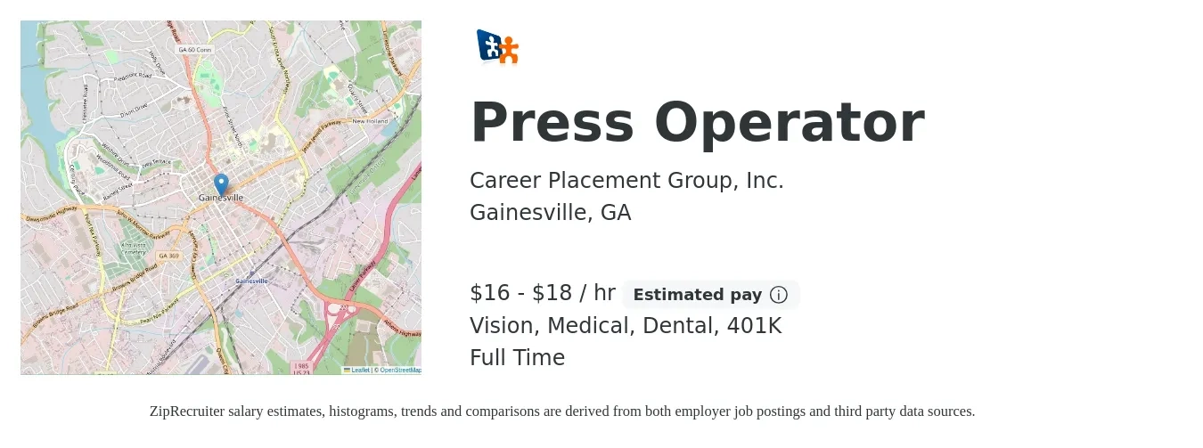 Career Placement Group, Inc. job posting for a Press Operator in Gainesville, GA with a salary of $17 to $19 Hourly and benefits including 401k, dental, life_insurance, medical, and vision with a map of Gainesville location.