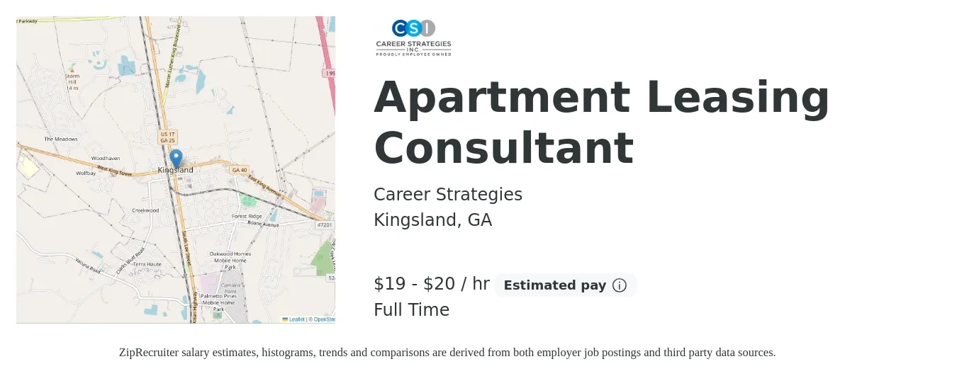 Career Strategies job posting for a Apartment Leasing Consultant in Kingsland, GA with a salary of $20 to $21 Hourly with a map of Kingsland location.