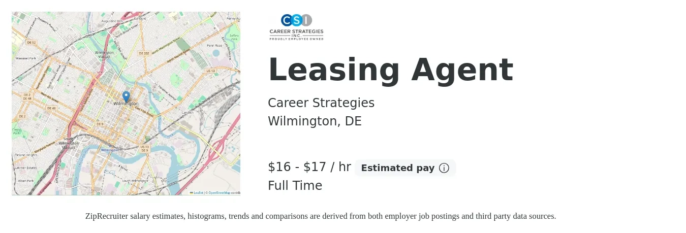 Career Strategies job posting for a Leasing Agent in Wilmington, DE with a salary of $17 to $18 Hourly with a map of Wilmington location.