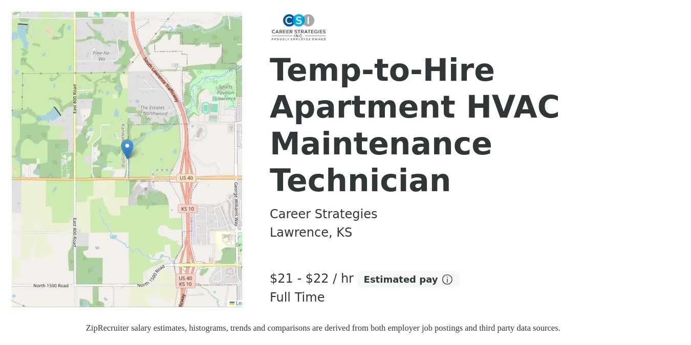 Career Strategies job posting for a Temp-to-Hire Apartment HVAC Maintenance Technician in Lawrence, KS with a salary of $22 to $23 Hourly with a map of Lawrence location.