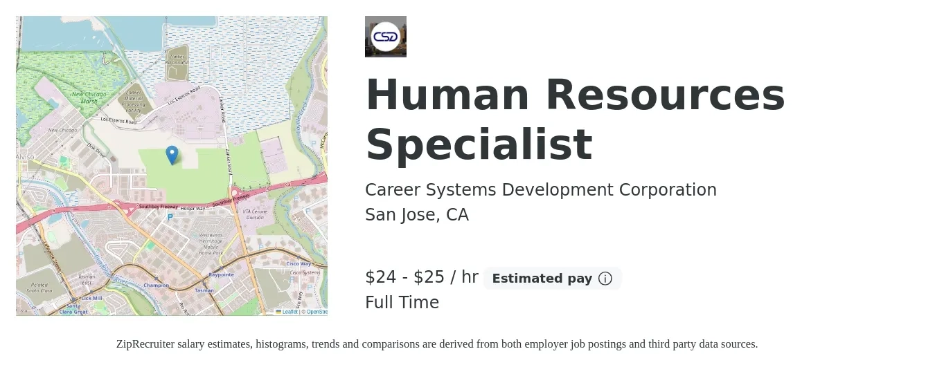 Career Systems Development Corporation job posting for a Human Resources Specialist in San Jose, CA with a salary of $25 to $27 Hourly with a map of San Jose location.