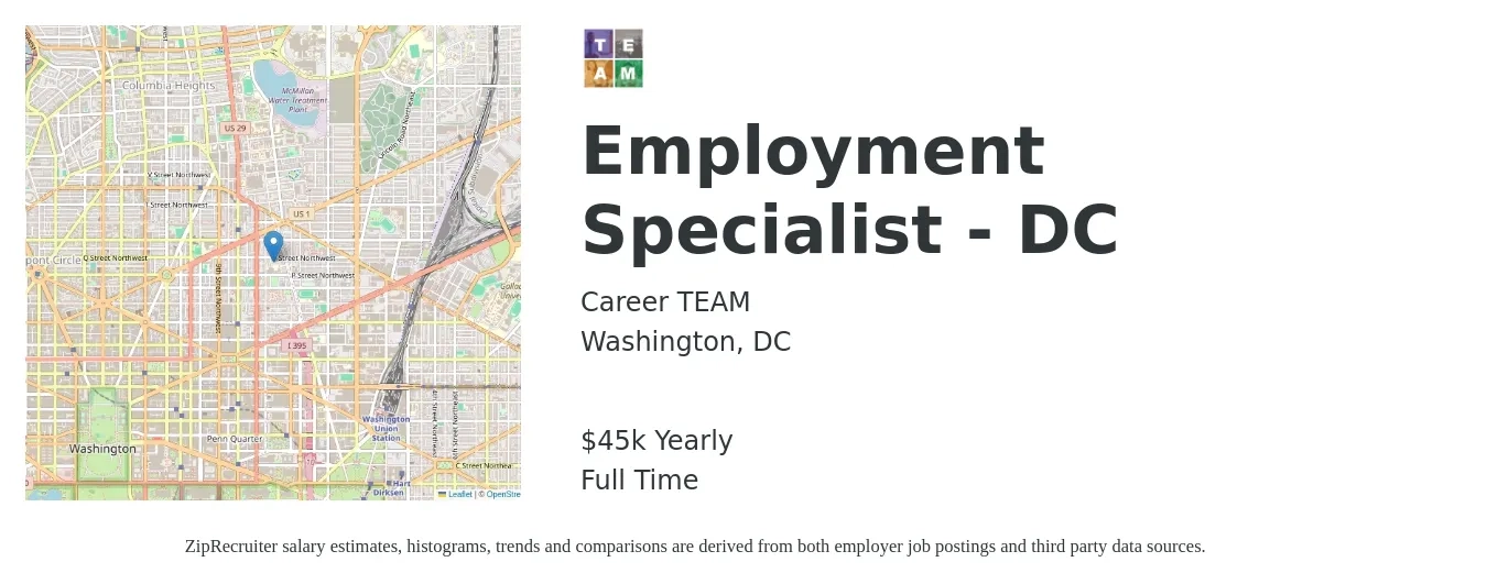 Career TEAM job posting for a Employment Specialist - DC in Washington, DC with a salary of $45,000 Yearly with a map of Washington location.