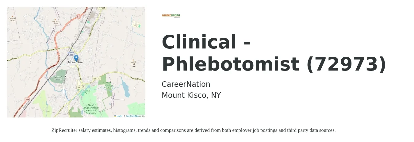 CareerNation job posting for a Clinical - Phlebotomist (72973) in Mount Kisco, NY with a salary of $18 to $23 Hourly with a map of Mount Kisco location.