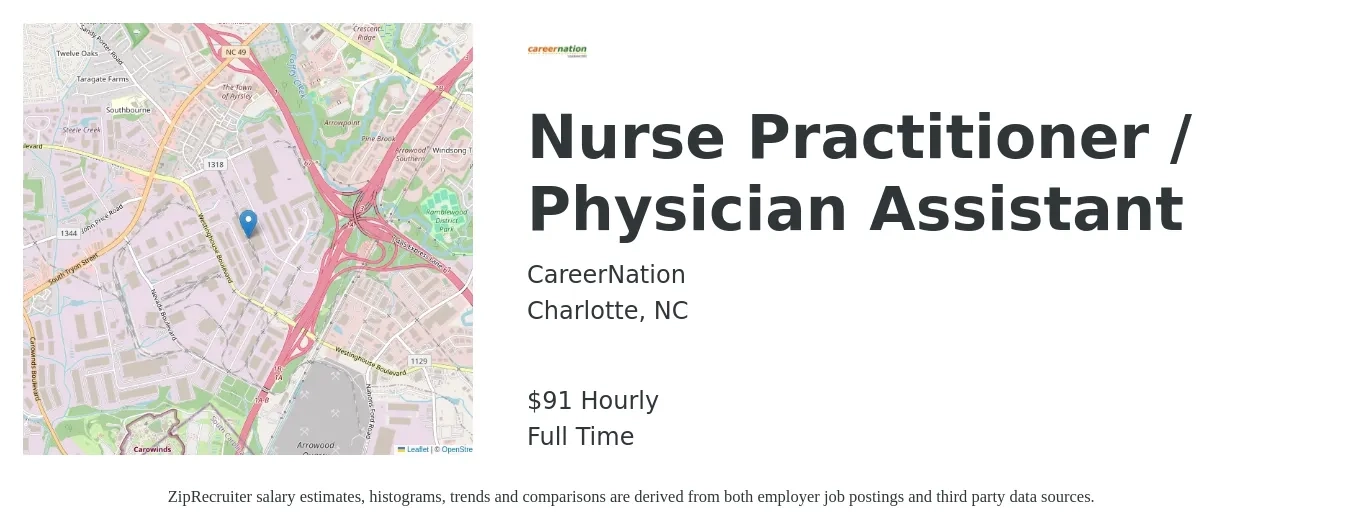 CareerNation job posting for a Nurse Practitioner / Physician Assistant in Charlotte, NC with a salary of $95 Hourly with a map of Charlotte location.