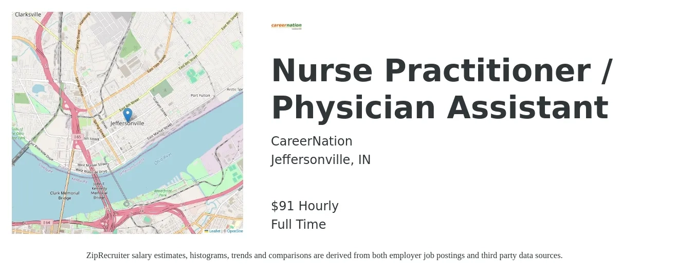 CareerNation job posting for a Nurse Practitioner / Physician Assistant in Jeffersonville, IN with a salary of $95 Hourly with a map of Jeffersonville location.