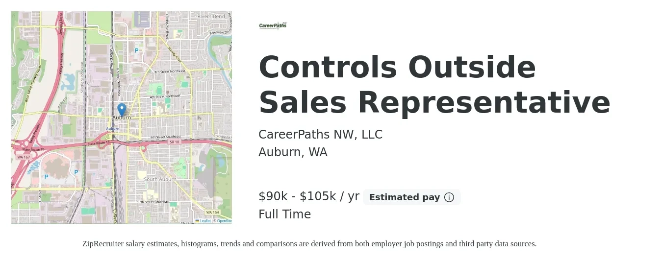 CareerPaths NW, LLC job posting for a Controls Outside Sales Representative in Auburn, WA with a salary of $90,000 to $105,000 Yearly with a map of Auburn location.