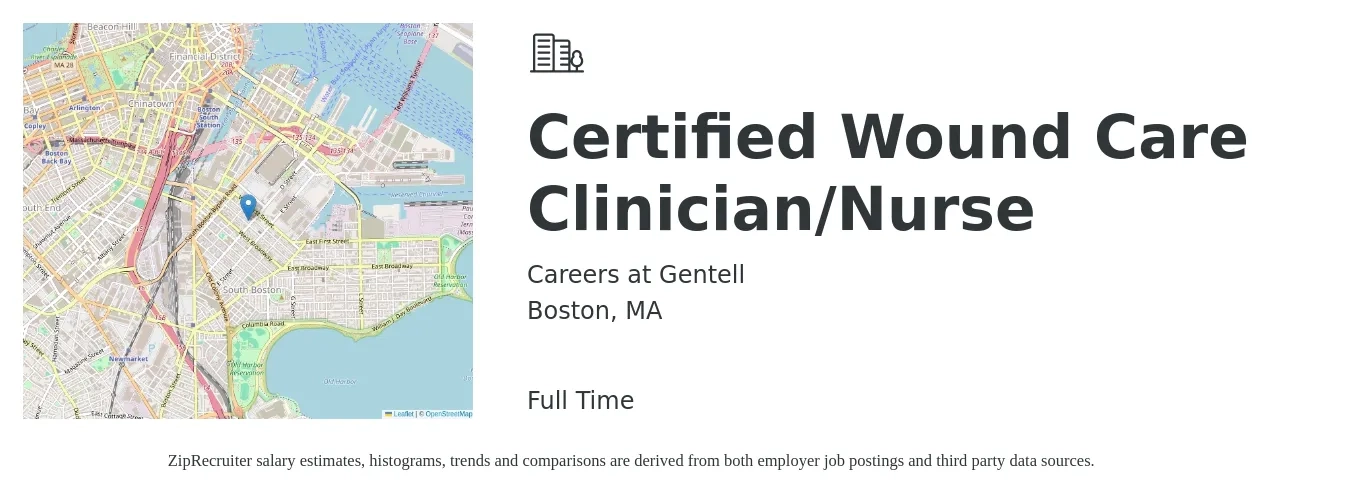 Careers at Gentell job posting for a Certified Wound Care Clinician/Nurse in Boston, MA with a salary of $39 to $70 Hourly with a map of Boston location.