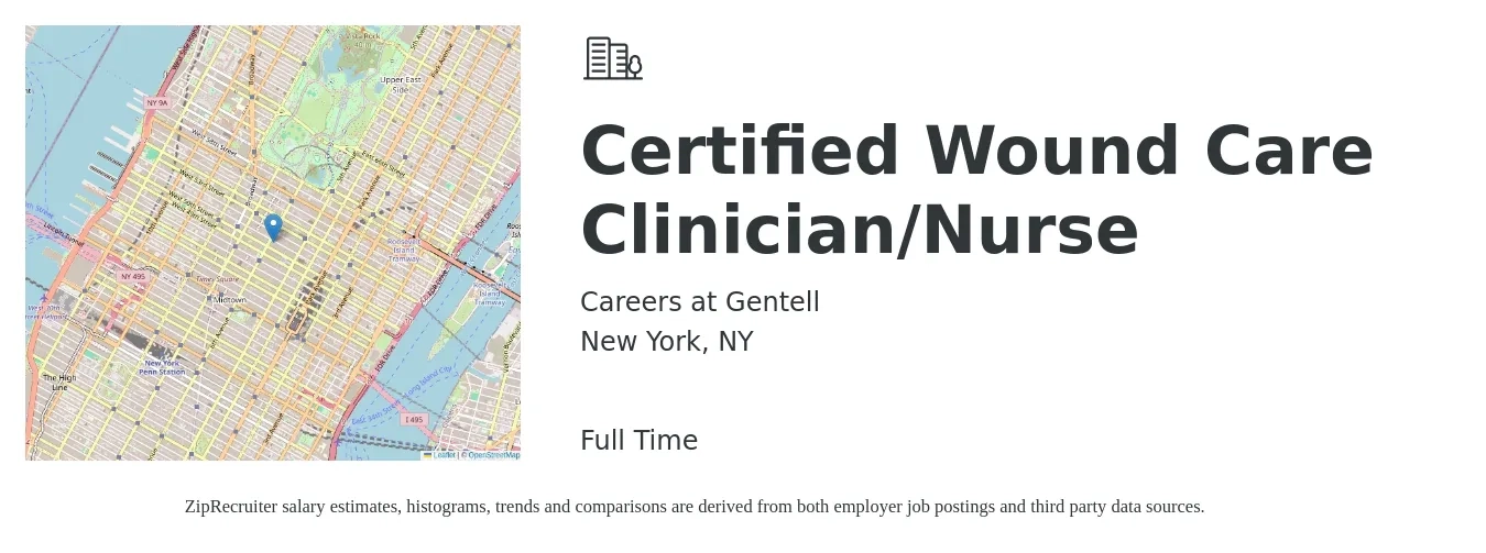 Careers at Gentell job posting for a Certified Wound Care Clinician/Nurse in New York, NY with a salary of $39 to $71 Hourly with a map of New York location.
