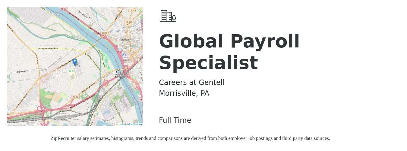 Careers at Gentell job posting for a Global Payroll Specialist in Morrisville, PA with a salary of $24 to $32 Hourly with a map of Morrisville location.