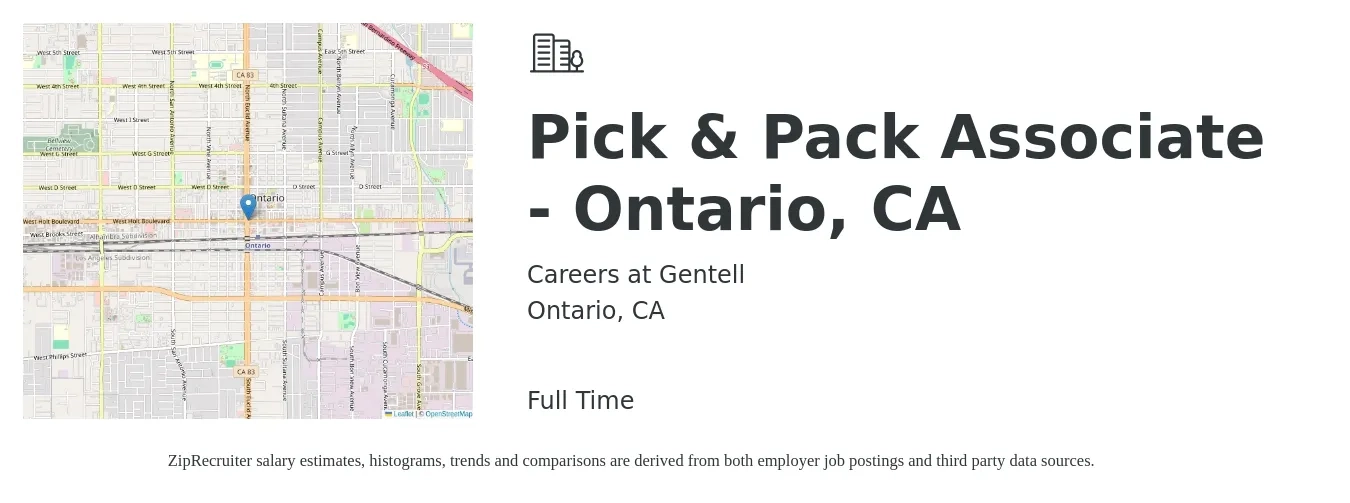Careers at Gentell job posting for a Pick & Pack Associate - Ontario, CA in Ontario, CA with a salary of $16 to $19 Hourly with a map of Ontario location.