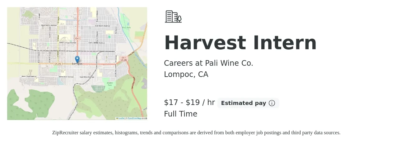 Careers at Pali Wine Co. job posting for a Harvest Intern in Lompoc, CA with a salary of $18 to $20 Hourly with a map of Lompoc location.