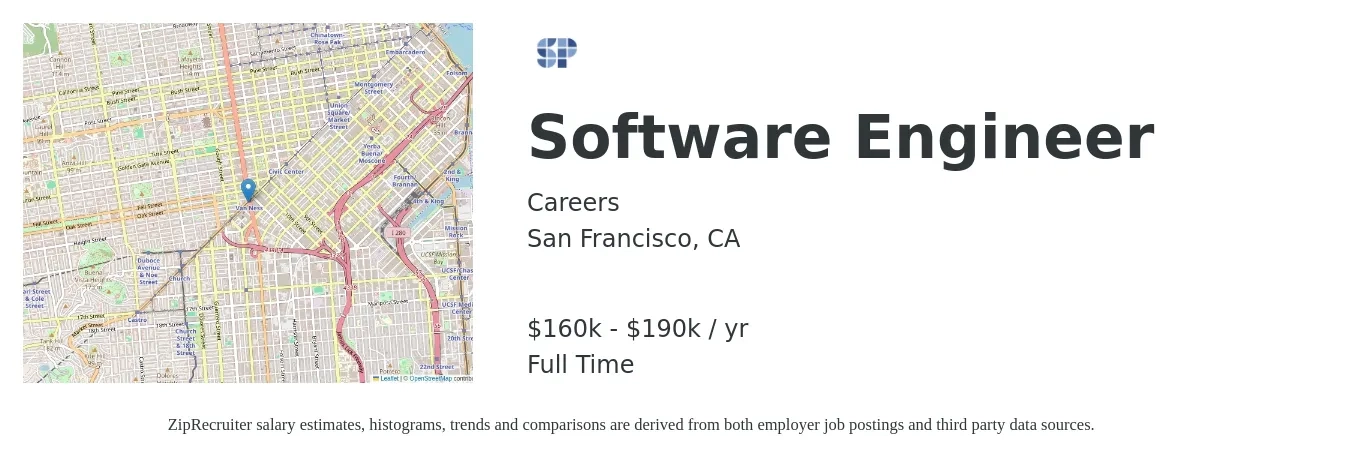 Careers job posting for a Software Engineer in San Francisco, CA with a salary of $160,000 to $190,000 Yearly with a map of San Francisco location.
