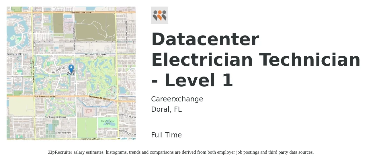 Careerxchange job posting for a Datacenter Electrician Technician - Level 1 in Doral, FL with a salary of $22 to $32 Hourly with a map of Doral location.