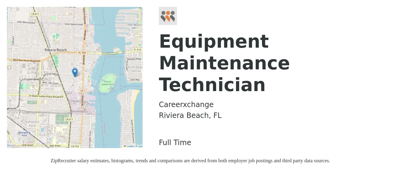 Careerxchange job posting for a Equipment Maintenance Technician in Riviera Beach, FL with a salary of $22 to $30 Hourly with a map of Riviera Beach location.