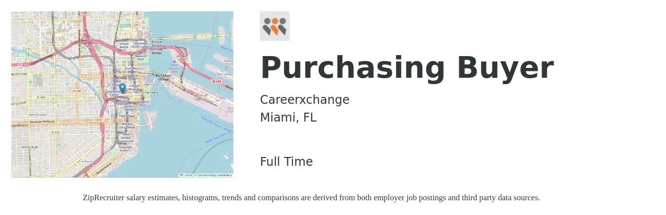 Careerxchange job posting for a Purchasing Buyer in Miami, FL with a salary of $23 to $33 Hourly with a map of Miami location.