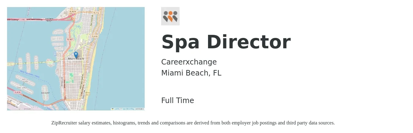 Careerxchange job posting for a Spa Director in Miami Beach, FL with a salary of $39,500 to $60,700 Yearly with a map of Miami Beach location.