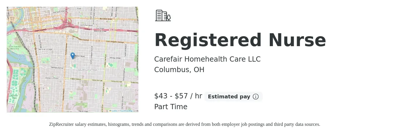 Carefair Homehealth Care LLC job posting for a Registered Nurse in Columbus, OH with a salary of $45 to $60 Hourly with a map of Columbus location.