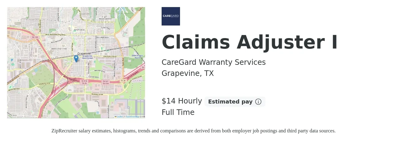 CareGard Warranty Services job posting for a Claims Adjuster I in Grapevine, TX with a salary of $16 Hourly with a map of Grapevine location.