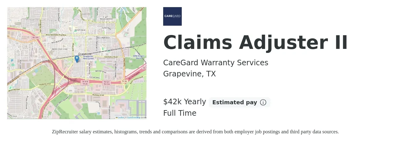 CareGard Warranty Services job posting for a Claims Adjuster II in Grapevine, TX with a salary of $42,000 Yearly with a map of Grapevine location.