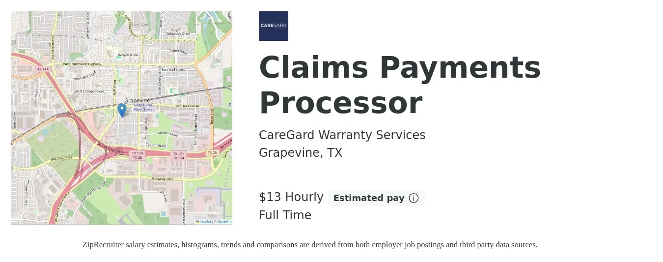 CareGard Warranty Services job posting for a Claims Payments Processor in Grapevine, TX with a salary of $14 Hourly with a map of Grapevine location.