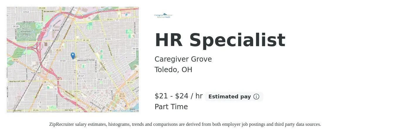 Caregiver Grove job posting for a HR Specialist in Toledo, OH with a salary of $22 to $25 Hourly with a map of Toledo location.