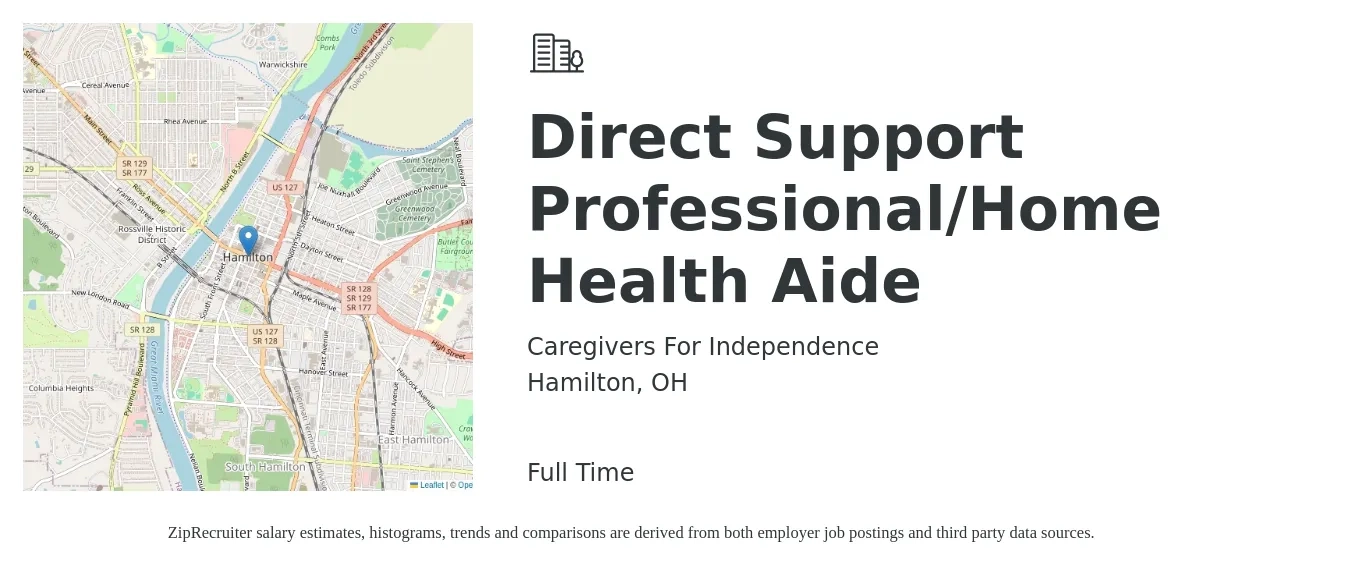 Caregivers For Independence job posting for a Direct Support Professional/Home Health Aide in Hamilton, OH with a salary of $14 to $17 Hourly with a map of Hamilton location.