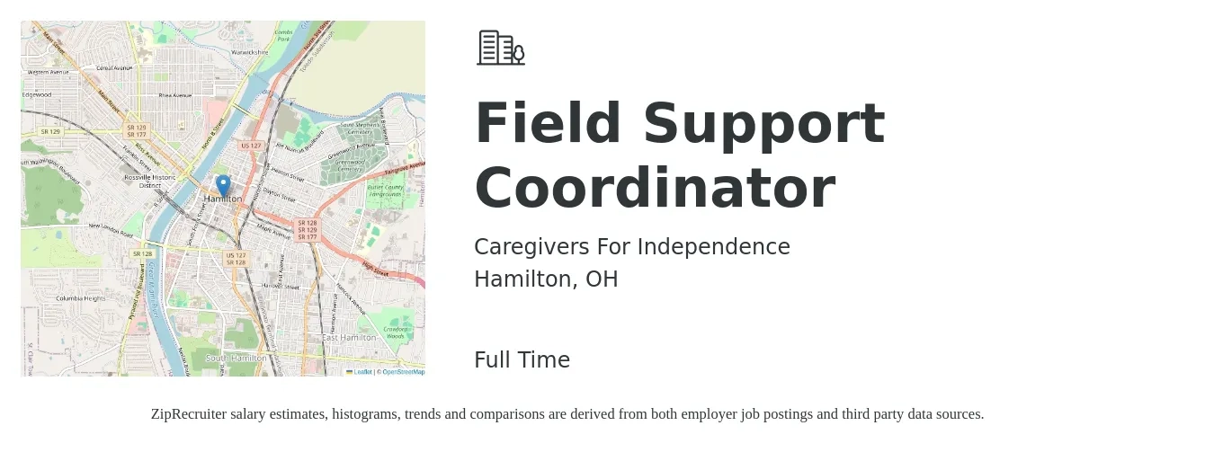 Caregivers For Independence job posting for a Field Support Coordinator in Hamilton, OH with a salary of $18 to $31 Hourly with a map of Hamilton location.