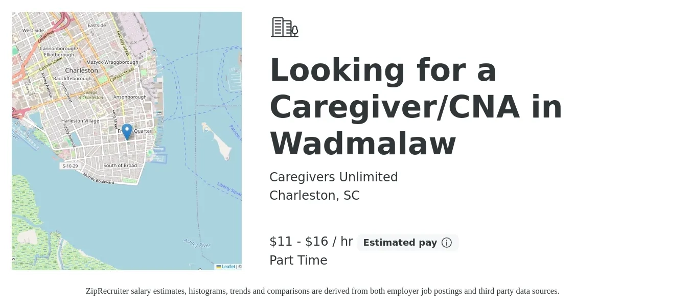Caregivers Unlimited job posting for a Looking for a Caregiver/CNA in Wadmalaw in Charleston, SC with a salary of $12 to $17 Hourly with a map of Charleston location.
