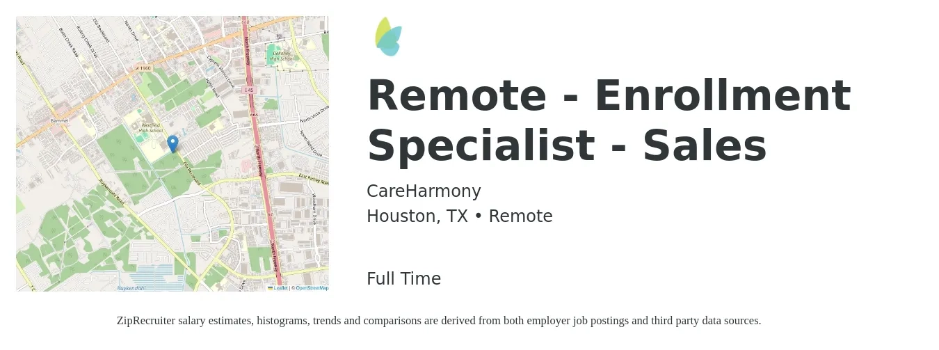 CareHarmony job posting for a Remote - Enrollment Specialist - Sales in Houston, TX with a salary of $39,200 to $111,300 Yearly with a map of Houston location.