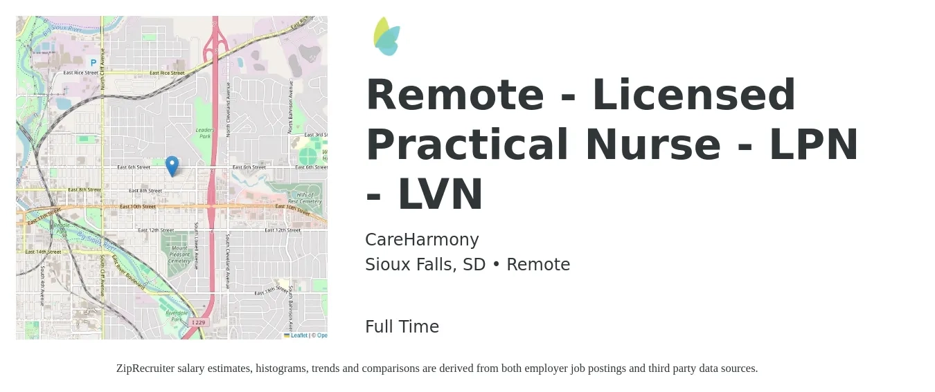 CareHarmony job posting for a Remote - Licensed Practical Nurse - LPN - LVN in Sioux Falls, SD with a salary of $21 to $28 Hourly with a map of Sioux Falls location.