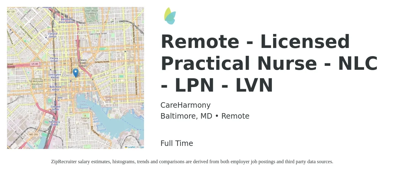 CareHarmony job posting for a Remote - Licensed Practical Nurse - NLC - LPN - LVN in Baltimore, MD with a salary of $21 to $28 Hourly with a map of Baltimore location.