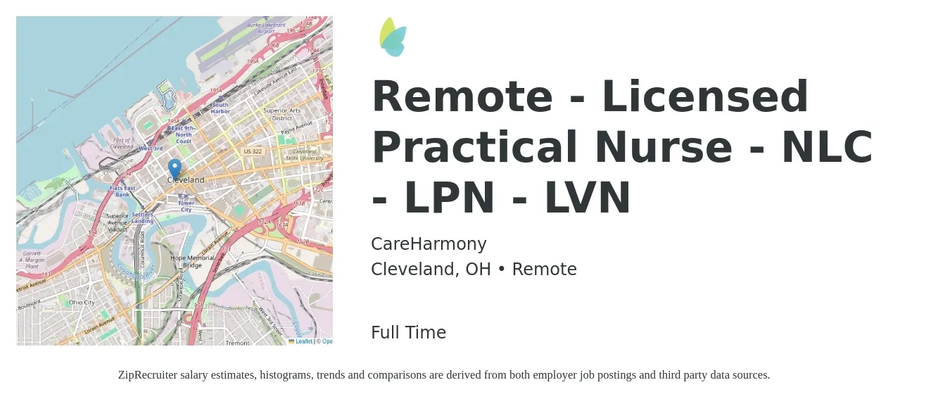 CareHarmony job posting for a Remote - Licensed Practical Nurse - NLC - LPN - LVN in Cleveland, OH with a salary of $21 to $28 Hourly with a map of Cleveland location.