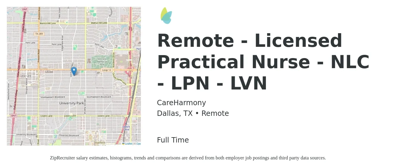 CareHarmony job posting for a Remote - Licensed Practical Nurse - NLC - LPN - LVN in Dallas, TX with a salary of $21 to $28 Hourly with a map of Dallas location.